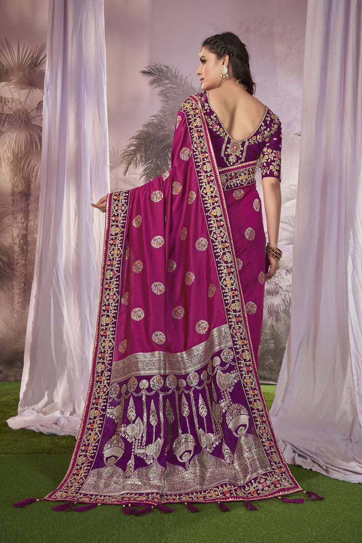 Blue & Purple Banarasi silk blend Saree With Unstitch Blouse Piece
