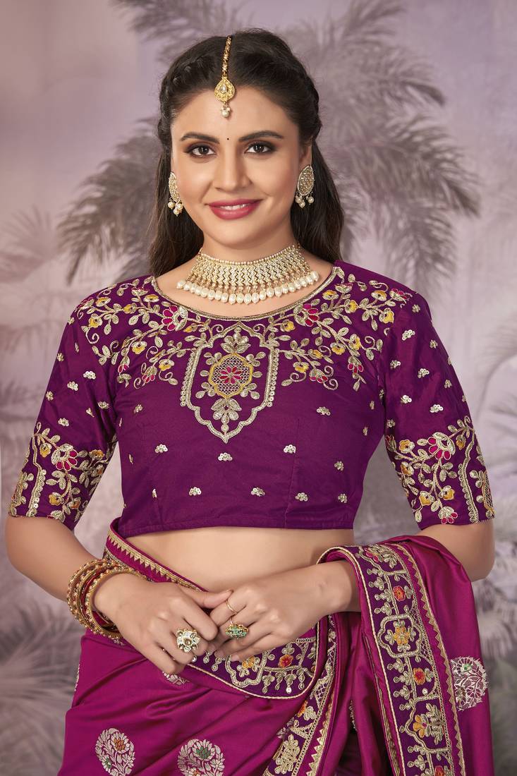 Blue & Purple Banarasi silk blend Saree With Unstitch Blouse Piece