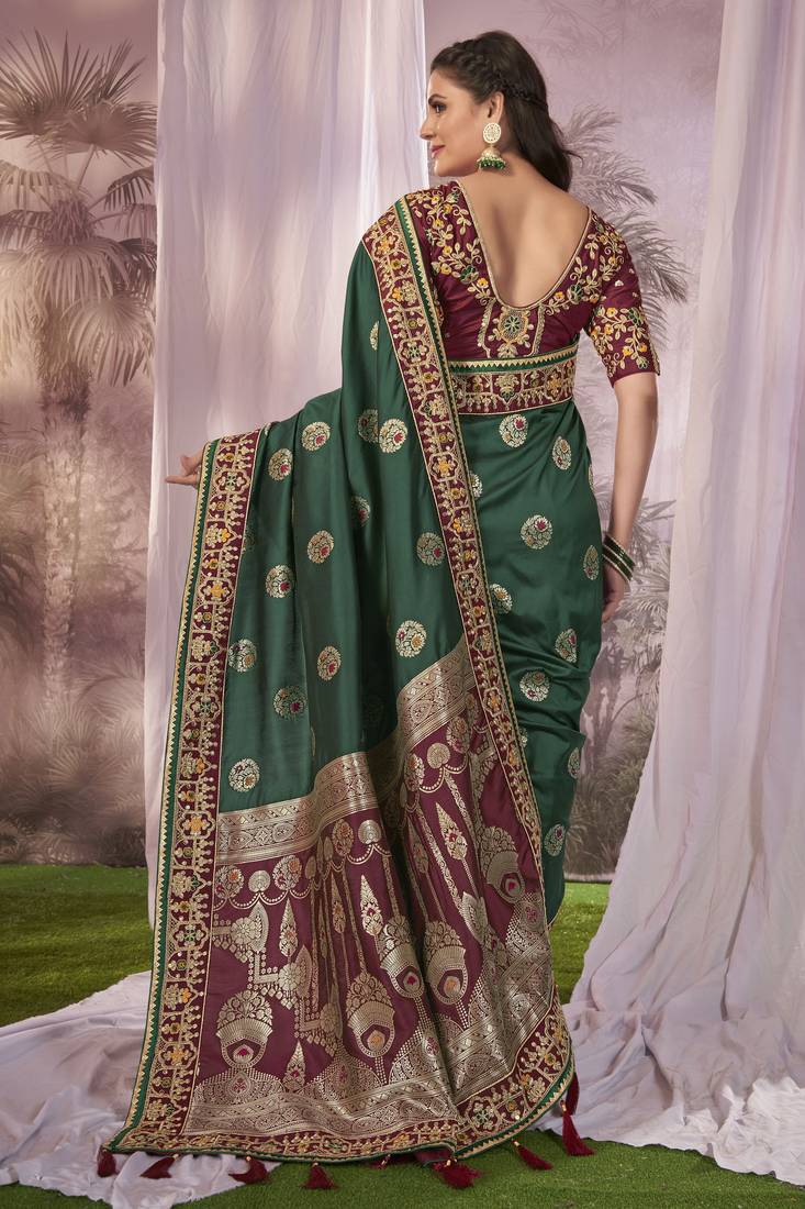 Green & Maroon Banarasi silk blend Saree With Unstitch Blouse Piece