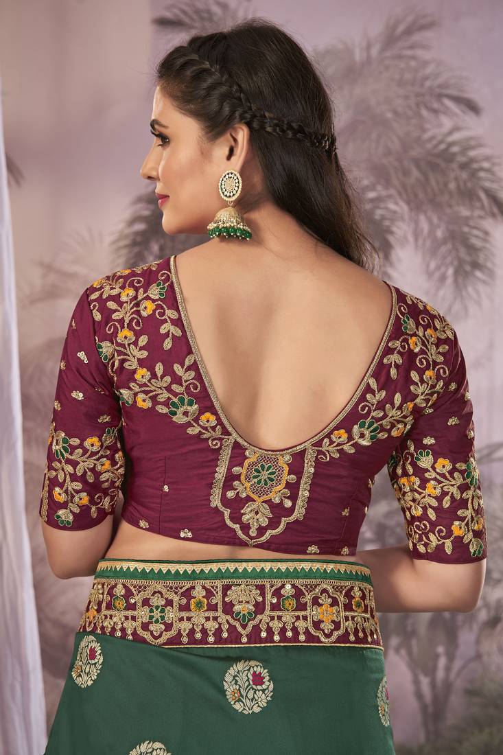 Green & Maroon Banarasi silk blend Saree With Unstitch Blouse Piece