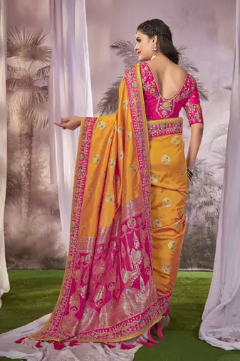 yellow & pink Banarasi silk blend saree with unstitch blouse piece