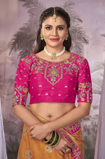 yellow & pink Banarasi silk blend saree with unstitch blouse piece