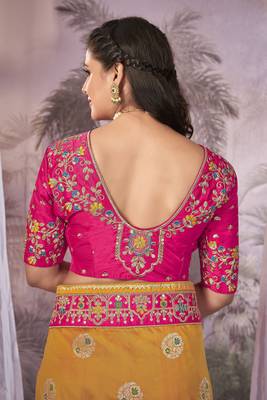 yellow & pink Banarasi silk blend saree with unstitch blouse piece 4