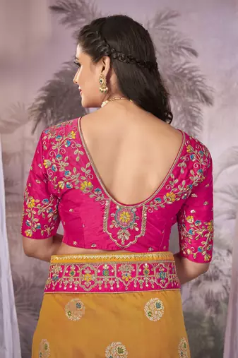 yellow & pink Banarasi silk blend saree with unstitch blouse piece