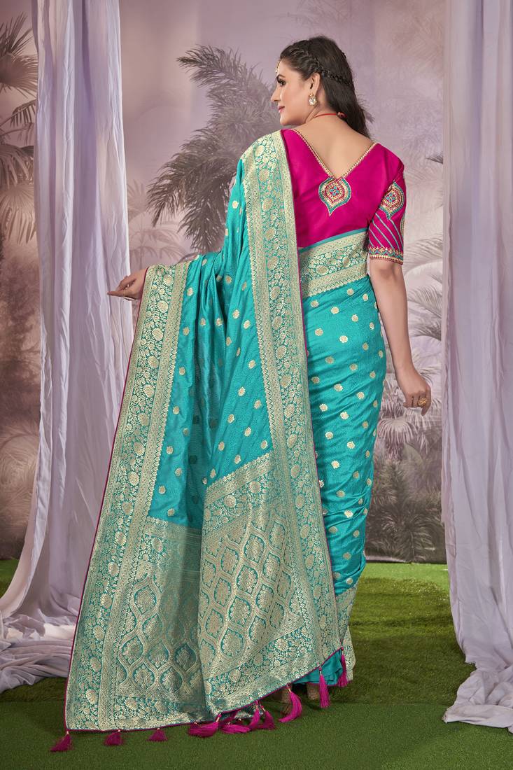 sky blue Banarasi silk blend saree with unstitch blouse piece