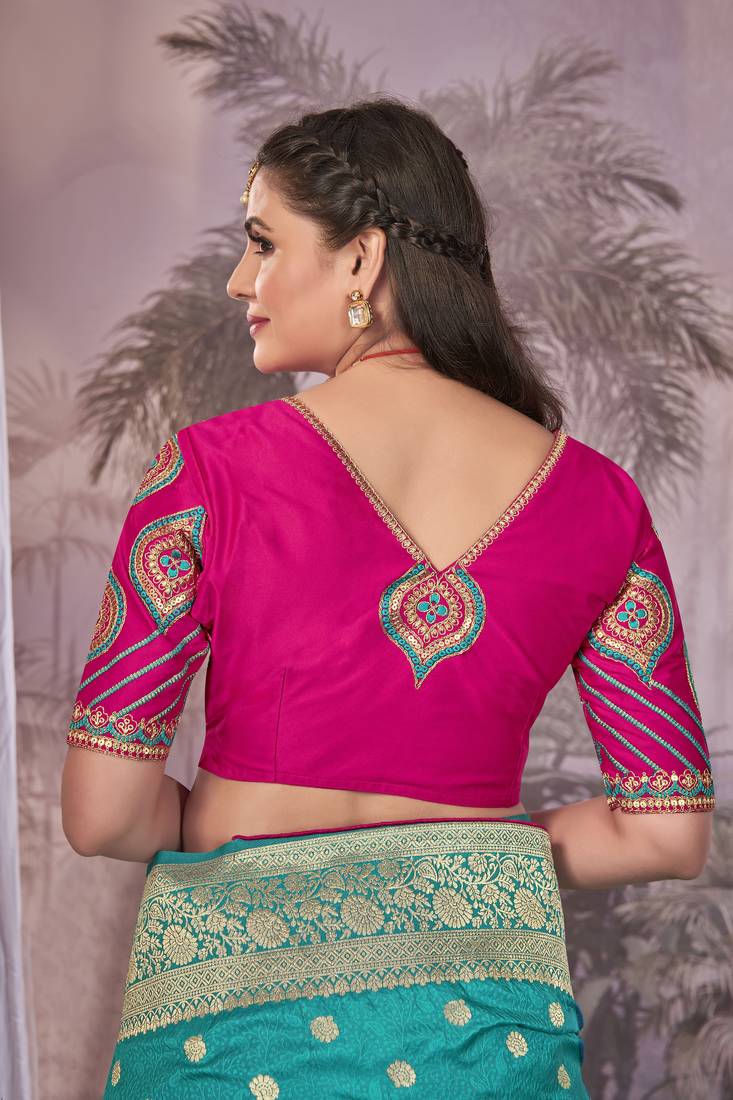 sky blue Banarasi silk blend saree with unstitch blouse piece