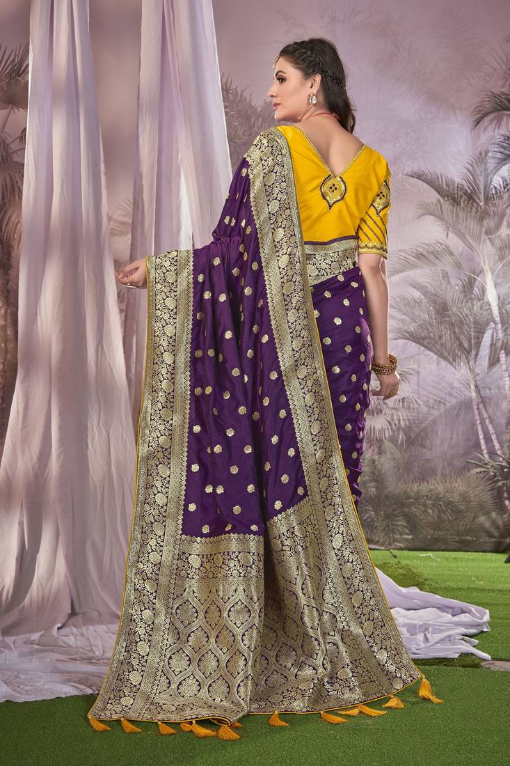 Purple Banarasi silk blend Saree With Unstitch Blouse Piece