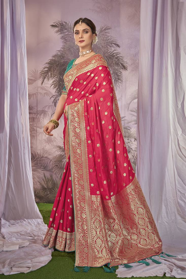 Pink Banarasi silk blend Saree With Unstitch Blouse Piece
