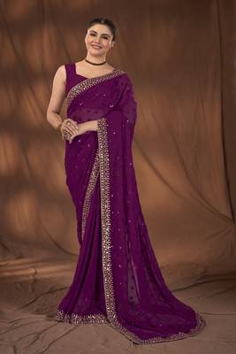 Manohari Purple Georgette Sequance  Saree With Unstitch Blouse Piece 1