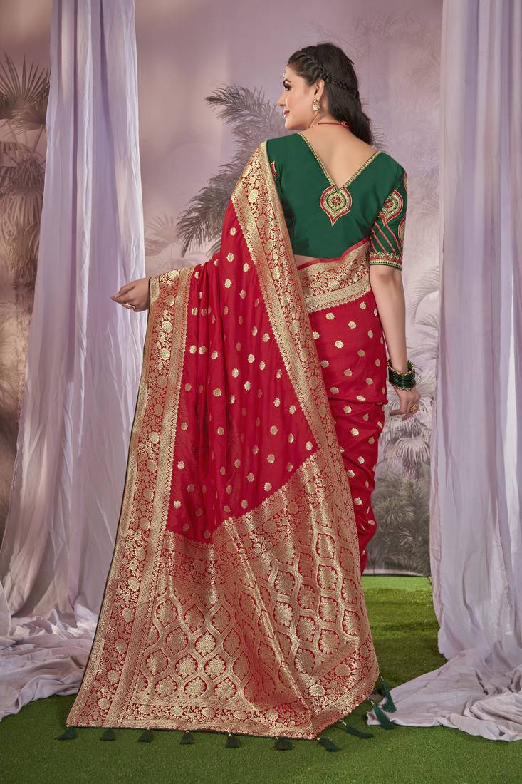 Red Banarasi silk blend Saree With Unstitch Blouse Piece