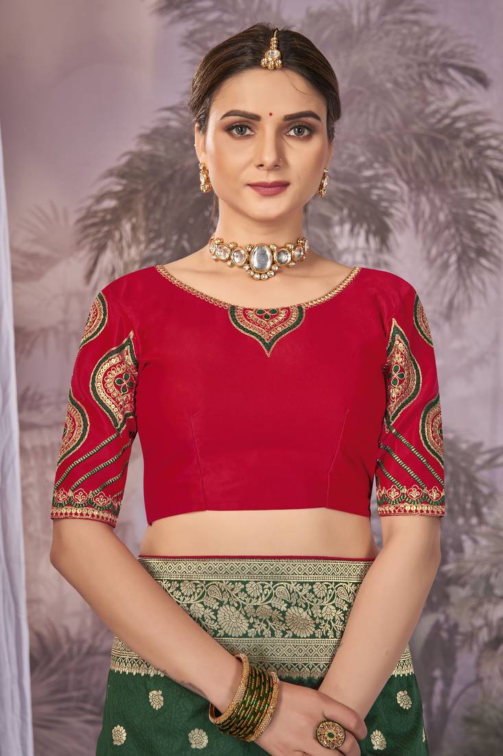 Green Banarasi silk blend Saree With Unstitch Blouse Piece