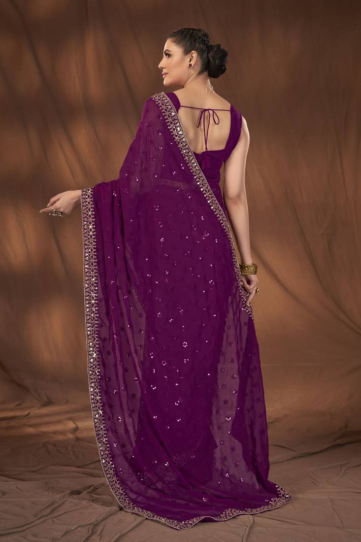 Manohari Purple Georgette Sequance  Saree With Unstitch Blouse Piece