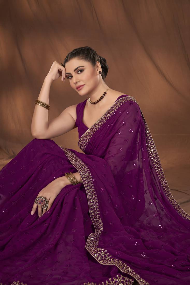 Manohari Purple Georgette Sequance  Saree With Unstitch Blouse Piece