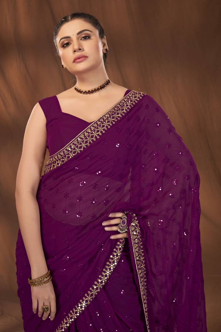 Manohari Purple Georgette Sequance  Saree With Unstitch Blouse Piece