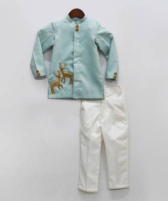 Blue Embroidery Jacket With Kurta And Chudidar 2