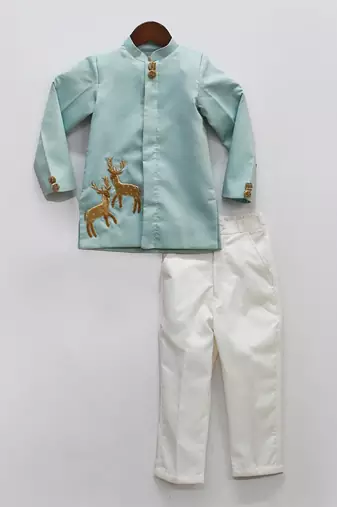 Blue Embroidery Jacket With Kurta And Chudidar