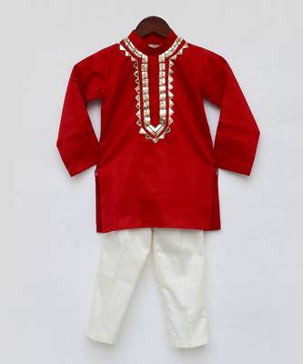 Red Cotton Embroidered Kurta With Off White Pant For Boys 1