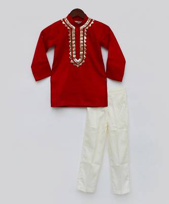Red Cotton Embroidered Kurta With Off White Pant For Boys 2