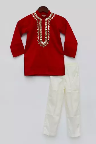 Red Cotton Embroidered Kurta With Off White Pant For Boys