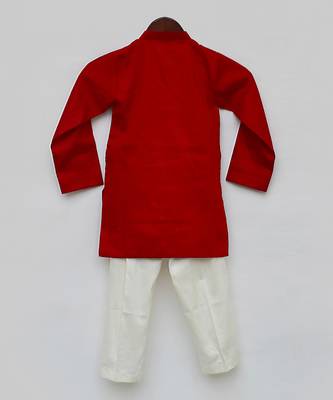 Red Cotton Embroidered Kurta With Off White Pant For Boys 3