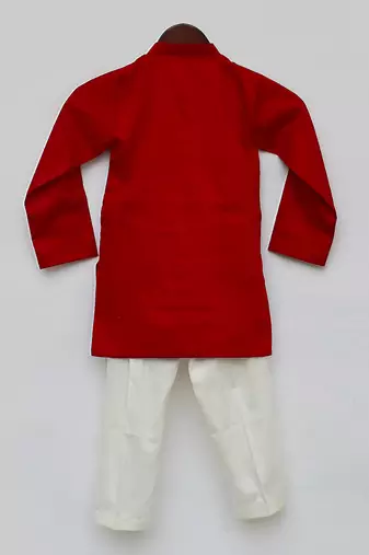 Red Cotton Embroidered Kurta With Off White Pant For Boys