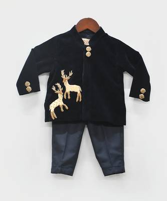 Dark Blue Velvet Band Gala Suit for Boys 1