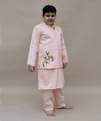 Light Fawn Kurta Pant With Blue Floral Print Jacket 1