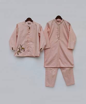 Light Fawn Kurta Pant With Blue Floral Print Jacket 3