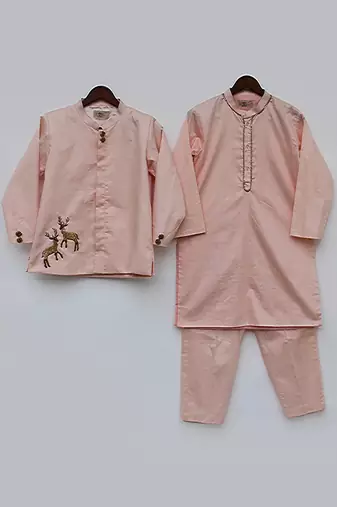 Light Fawn Kurta Pant With Blue Floral Print Jacket