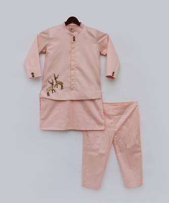 Light Fawn Kurta Pant With Blue Floral Print Jacket 4