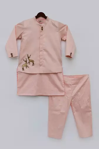 Light Fawn Kurta Pant With Blue Floral Print Jacket