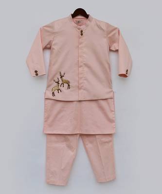 Light Fawn Kurta Pant With Blue Floral Print Jacket 5