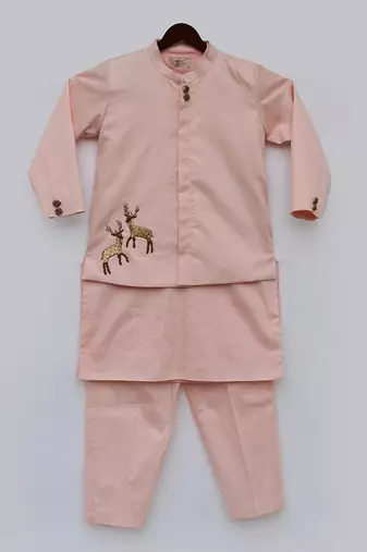 Light Fawn Kurta Pant With Blue Floral Print Jacket