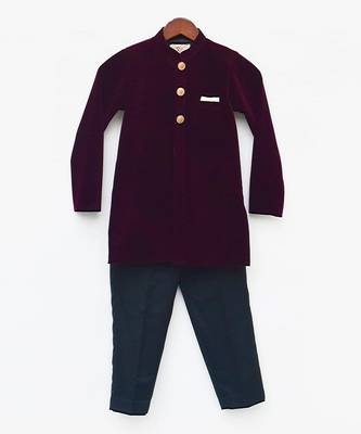 Wine bandhgala set in velvet 1