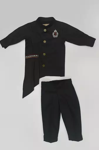 Blue Mirror Embroidery Jacket With Cotton Silk Kurta And Pant