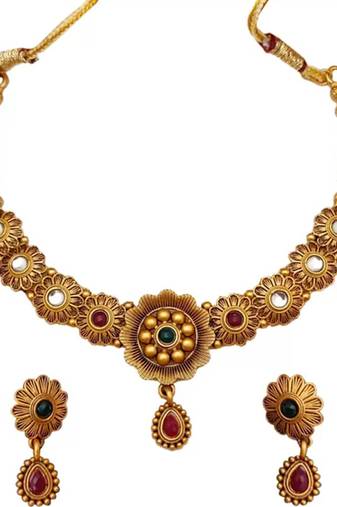 GOLD TONE ETHNIC CHOKER STONES STUDDED NECKLACE SET FOR WOMEN