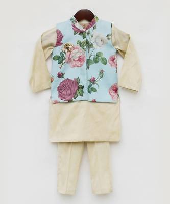 Light Fawn Kurta with Blue Floral Print Jacket Pant for Boys 1