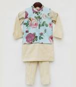 Light Fawn Kurta with Blue Floral Print Jacket Pant for Boys