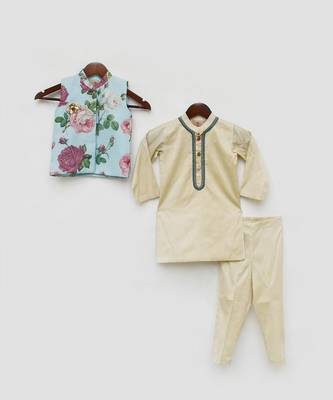 Light Fawn Kurta with Blue Floral Print Jacket Pant for Boys 2