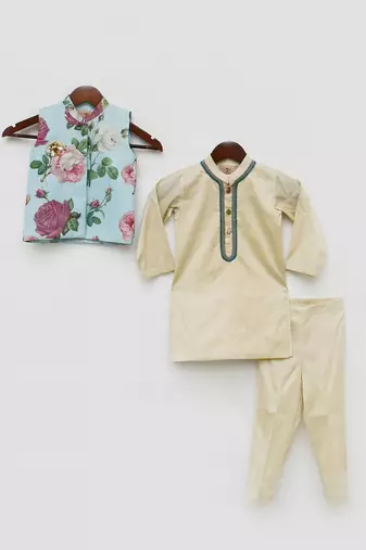 Light Fawn Kurta with Blue Floral Print Jacket Pant for Boys