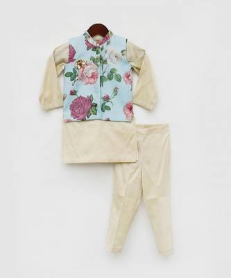 Light Fawn Kurta with Blue Floral Print Jacket Pant for Boys 3