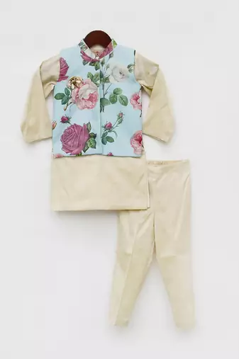 Light Fawn Kurta with Blue Floral Print Jacket Pant for Boys