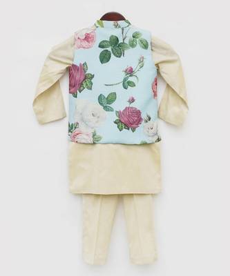 Light Fawn Kurta with Blue Floral Print Jacket Pant for Boys 4