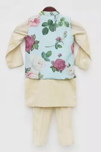 Light Fawn Kurta with Blue Floral Print Jacket Pant for Boys