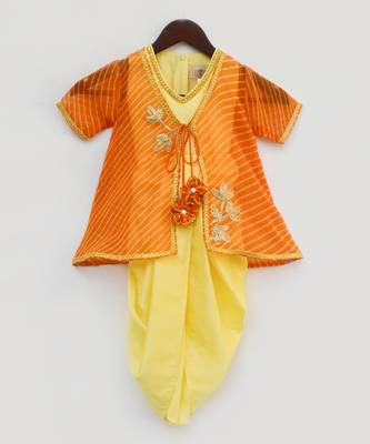 Yellow Dhoti Jumpsuit With Orange Leheriya Jacket 1