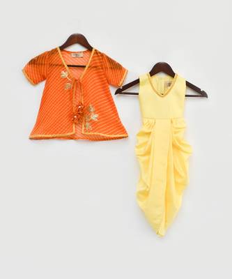 Yellow Dhoti Jumpsuit With Orange Leheriya Jacket 2