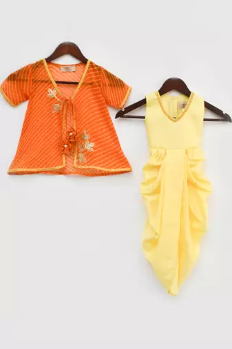 Yellow Dhoti Jumpsuit With Orange Leheriya Jacket