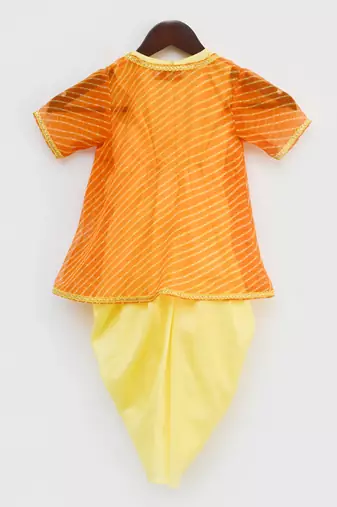 Yellow Dhoti Jumpsuit With Orange Leheriya Jacket