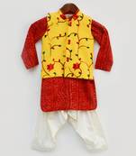Red Bandhej Kurta With Yellow Embroidery Jacket And Salwar