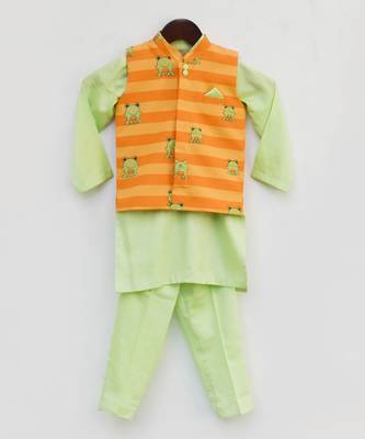 Green Kurta Pant With Orange Stripe Print Jacket 1